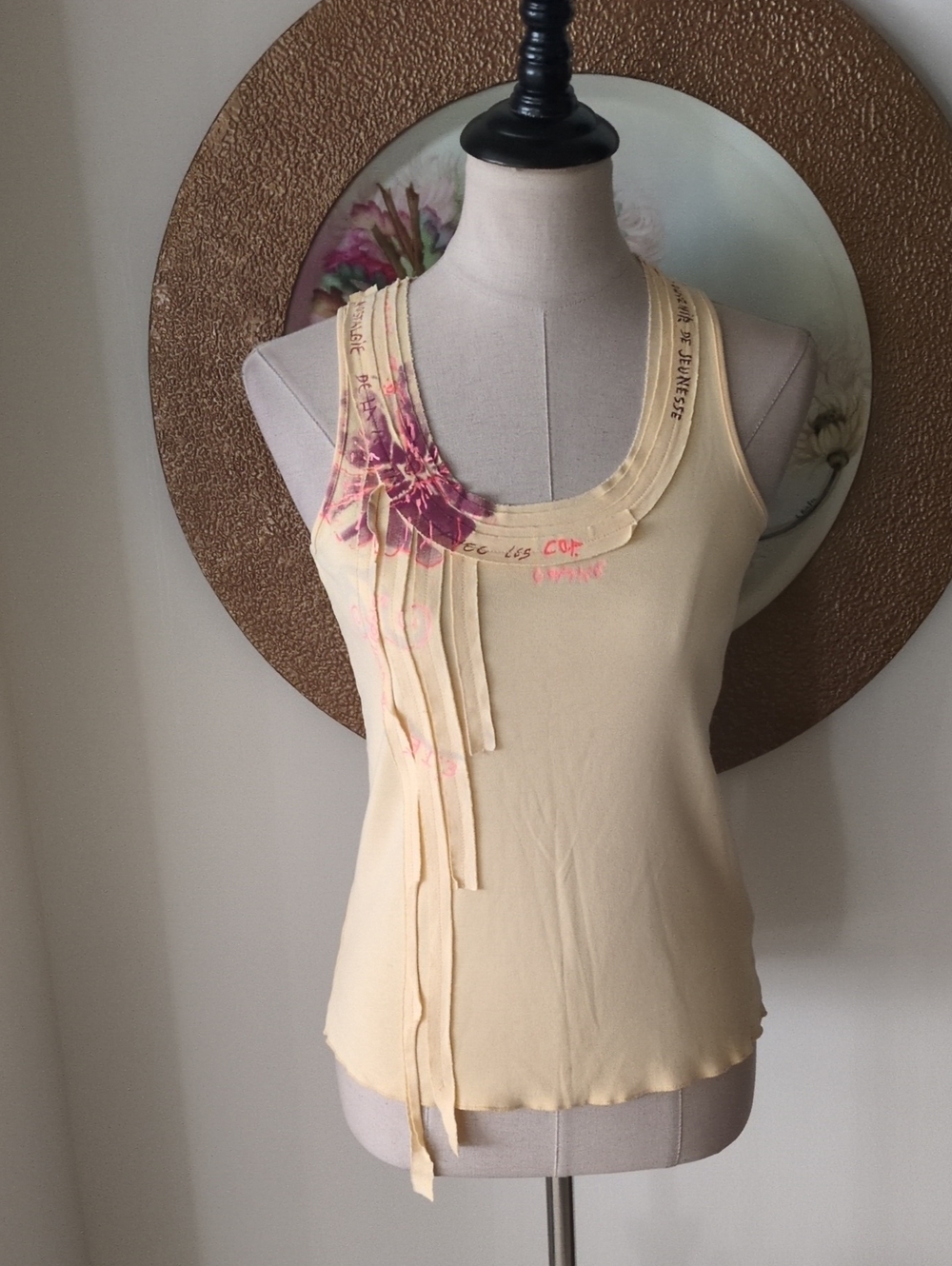 Cop. Copine Yellow/Orange  Tank Top With Ribbon Pleats & Floral Design